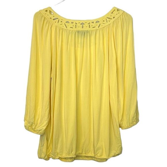 Max Edition Womens Blouse Top 3/4 Sleeve Crochet Neckline Yellow Size Medium - Picture 2 of 5